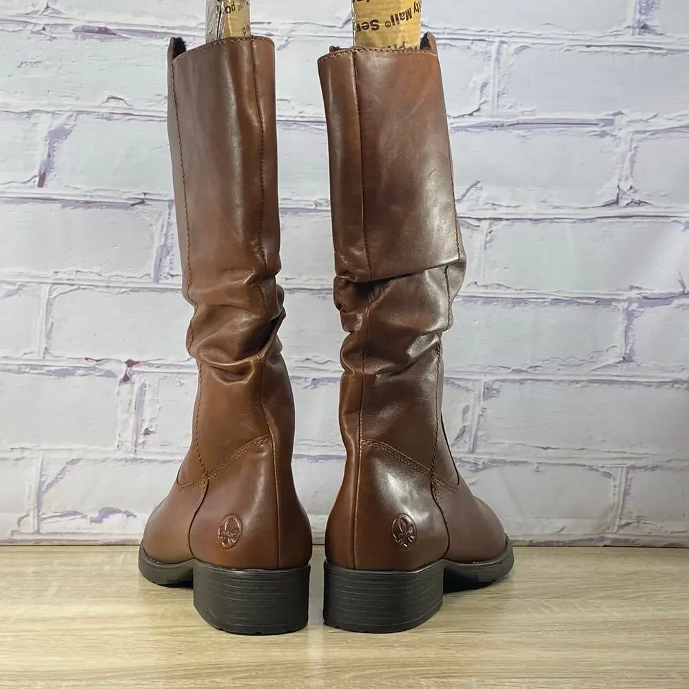 Rieker Brown Leather Knee High Faith Boots Women's 42 US 10 Tall Lined Zip